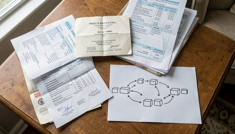 A table covered with bank statements, a property deed and a hand-drawn chain of company boxes.
