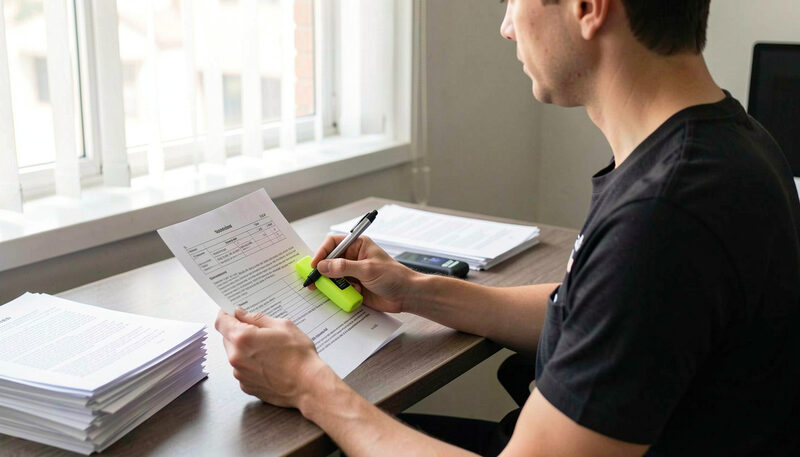 An analyst comparing a printed company filing with a screen of registry data in a small office.