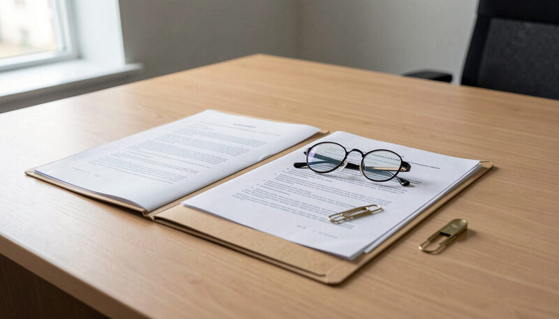 Two open manila folders of printed documents on a wooden desk with reading glasses and brass paperclips in soft window light