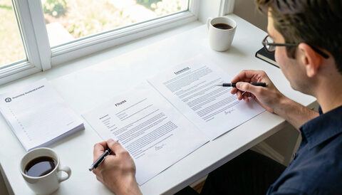 A compliance analyst checking an identity document against an online register at a bright desk.