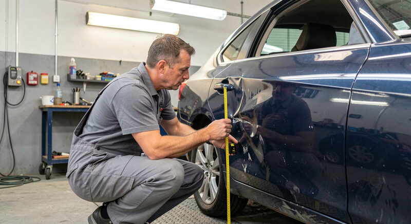 Inside a car body repair workshop, a technician in grey overalls crouching beside a dented rear door of a dark blue car, holding a flexible tape measure against the damaged panel, bright overhead workshop light, three quarter view from the side.