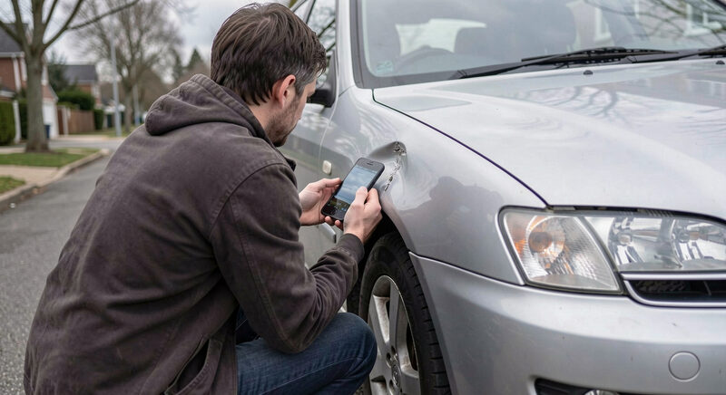 A person crouching beside the dented front wing of a silver car on a residential street, holding a smartphone close to the dent to photograph it
